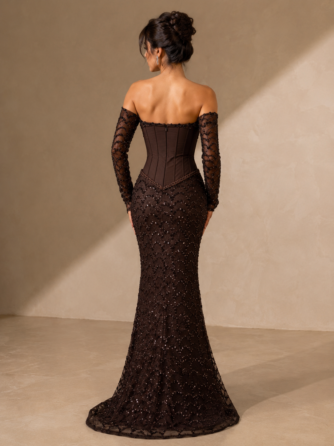 ISOLDE | Dark Brown Strapless Sequin Mermaid Prom Dress with Detachable Lace Sleeves