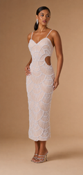 SELENE | Silver Beaded Art Deco Cutout Midi Evening Dress