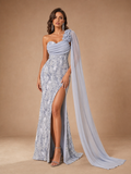 ELARA | Silver Blue Paisley Sequin One-Shoulder Cape Evening Gown