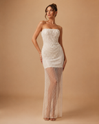 VIRELLE | Pearl-Draped Strapless Sheer Column Evening Gown