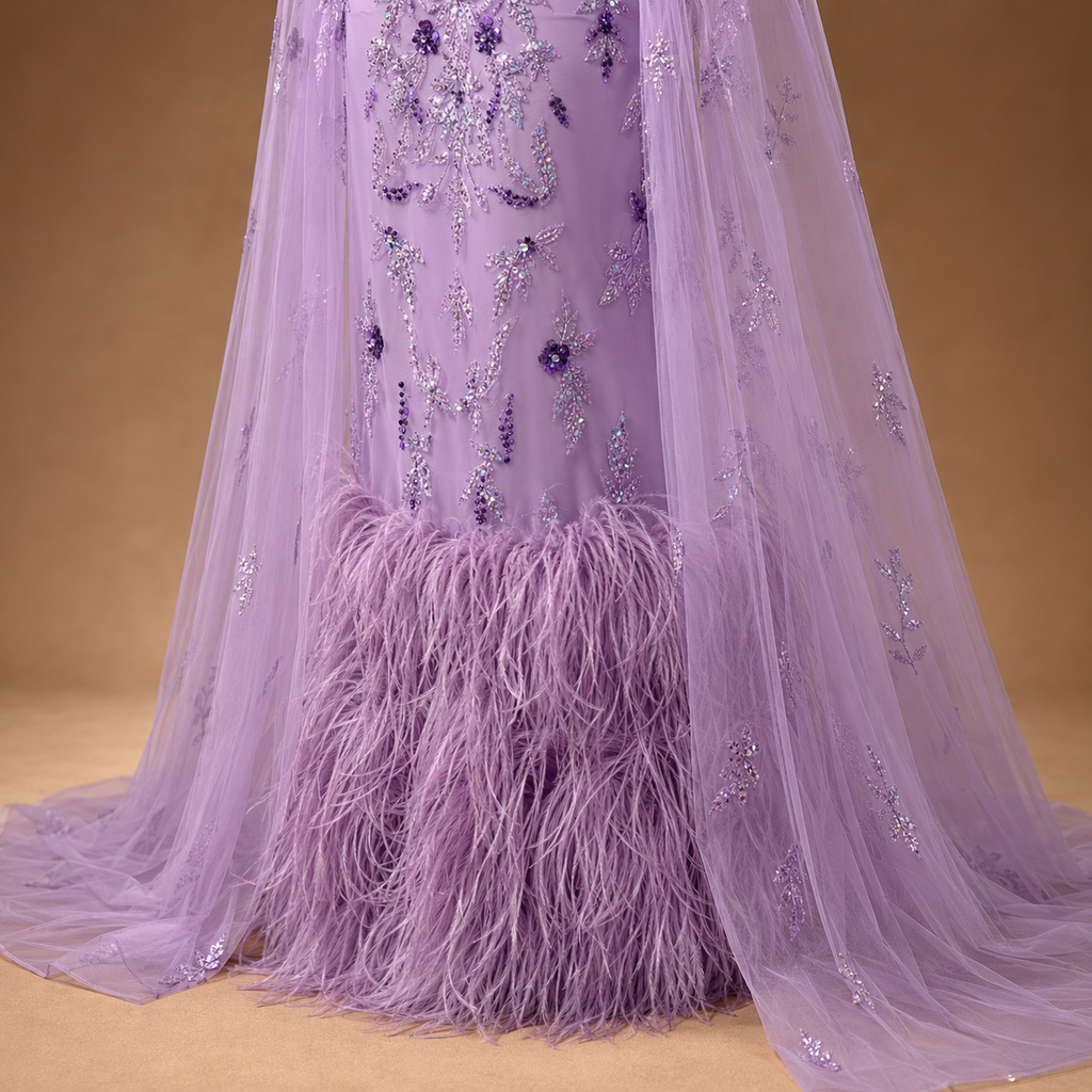 AMARIS | Lilac Beaded Feather Trim Cape Evening Gown