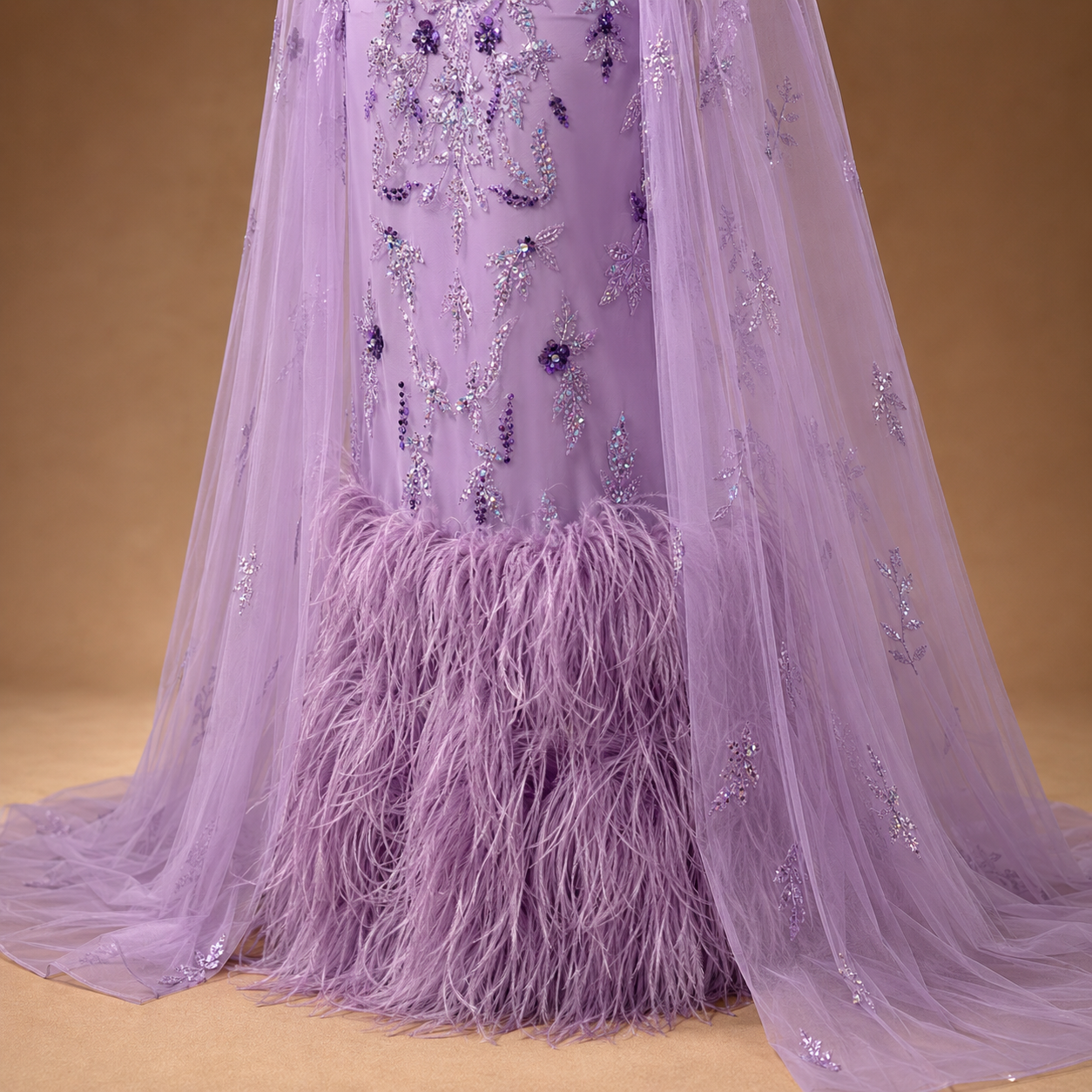 AMARIS | Lilac Beaded Feather Trim Cape Evening Gown