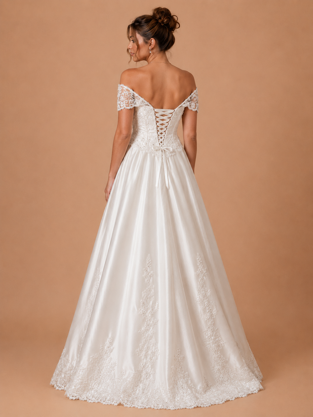 MARISTELLA | Off-Shoulder Lace Corset Satin A-Line Wedding Dress with Beaded Appliqué and Scalloped Hem