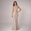 CELÉSTE | Champagne Silver Beaded Off-Shoulder Mermaid Evening Gown