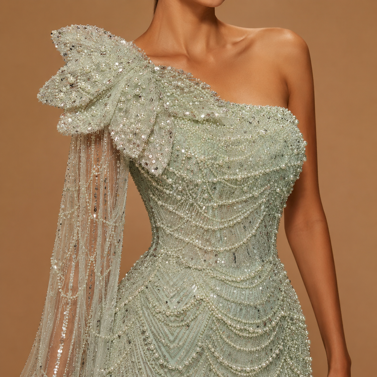SEREYA | Pearl Beaded One-Shoulder Couture Evening Gown