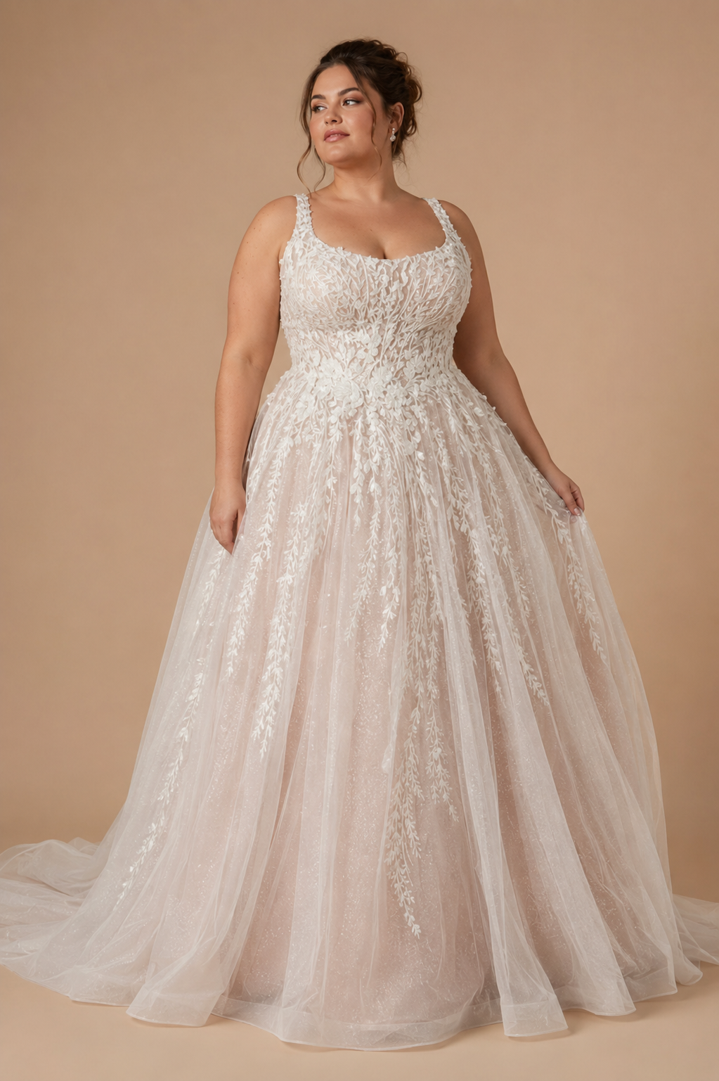 ELYSARA | Plus Size Floral Lace Glitter Tulle A-Line Wedding Dress