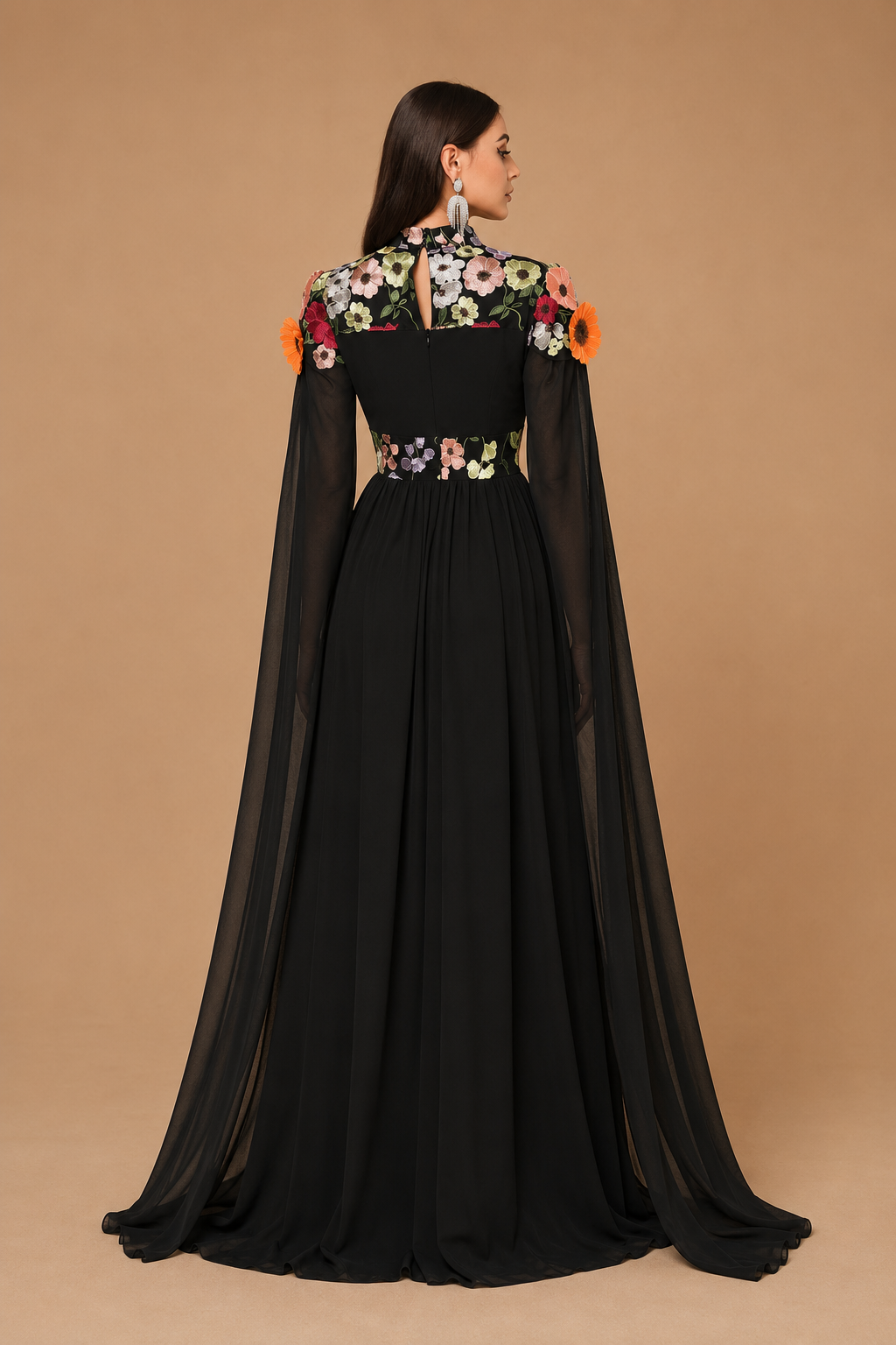 ZAFIRA | Black Floral Embroidered Cape-Sleeve A-Line Evening Gown