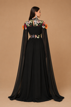 ZAFIRA | Black Floral Embroidered Cape-Sleeve A-Line Evening Gown