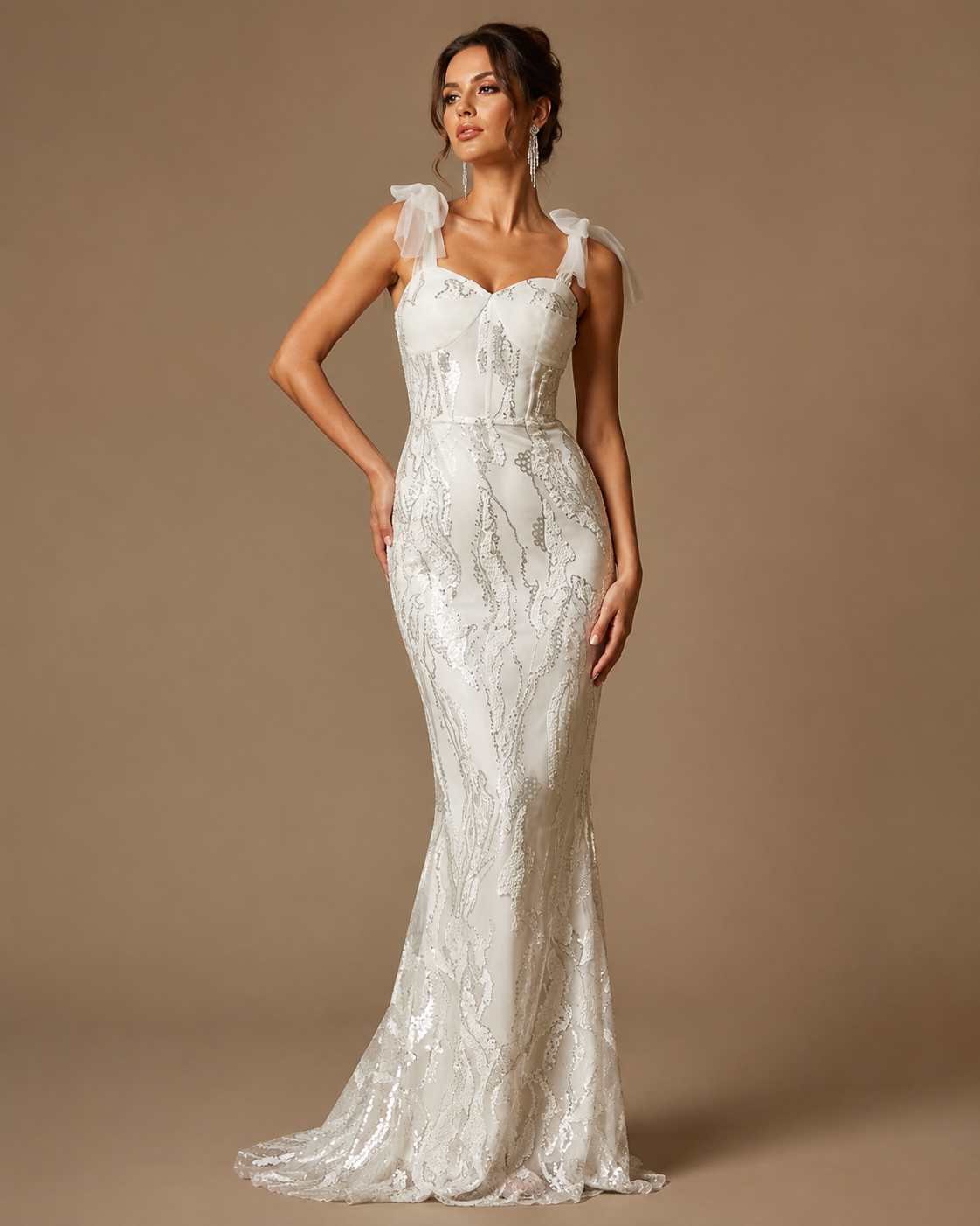 AMARIS | White Silver Sequin Bow-Strap Mermaid Evening Gown