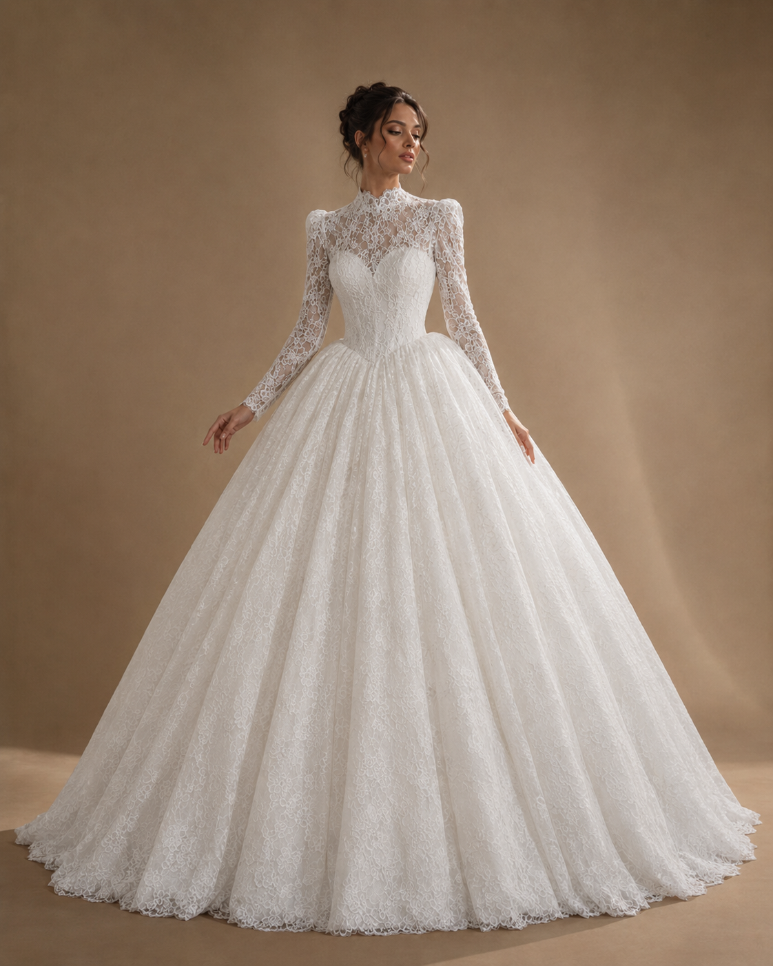 ARABELLA | High Neck Long Sleeve Lace Appliqué Ball Gown Wedding Dress Bridal Gown