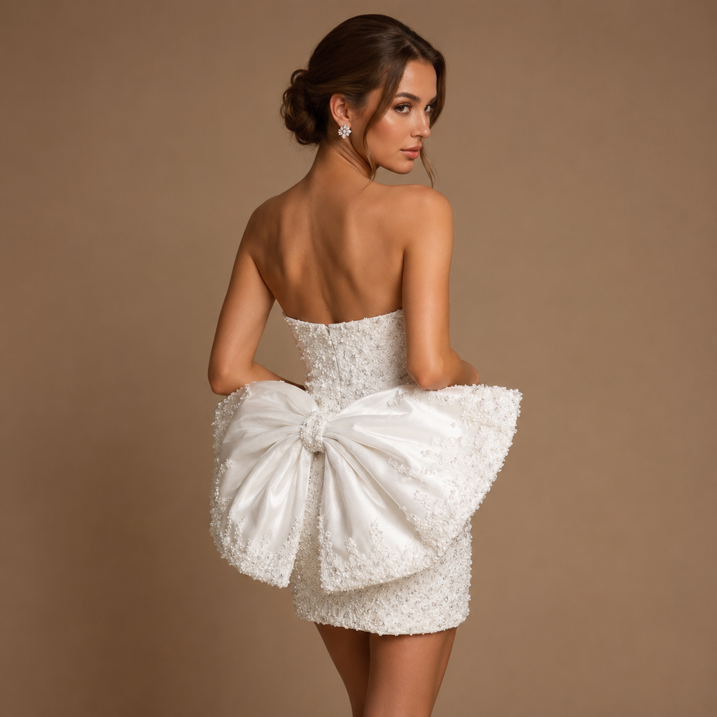 MARISTELLA | Pearl-Beaded Strapless Corset Mini Dress with Sculptural Bow