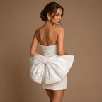 MARISTELLA | Pearl-Beaded Strapless Corset Mini Dress with Sculptural Bow