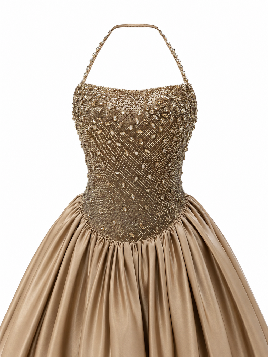 AMARA | Champagne Gold Beaded Halter Satin Ball Gown