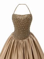 AMARA | Champagne Gold Beaded Halter Satin Ball Gown