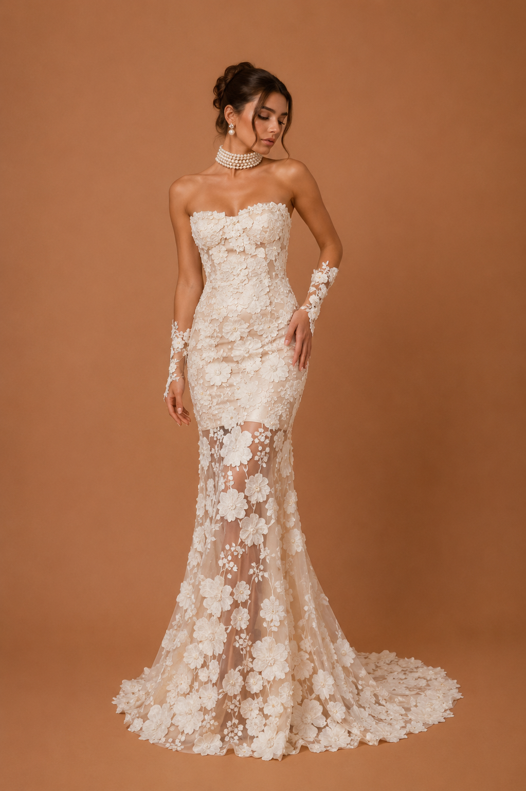 ORIELLA | Strapless 3D Floral Lace Mermaid Wedding Gown with Detachable Sleeves