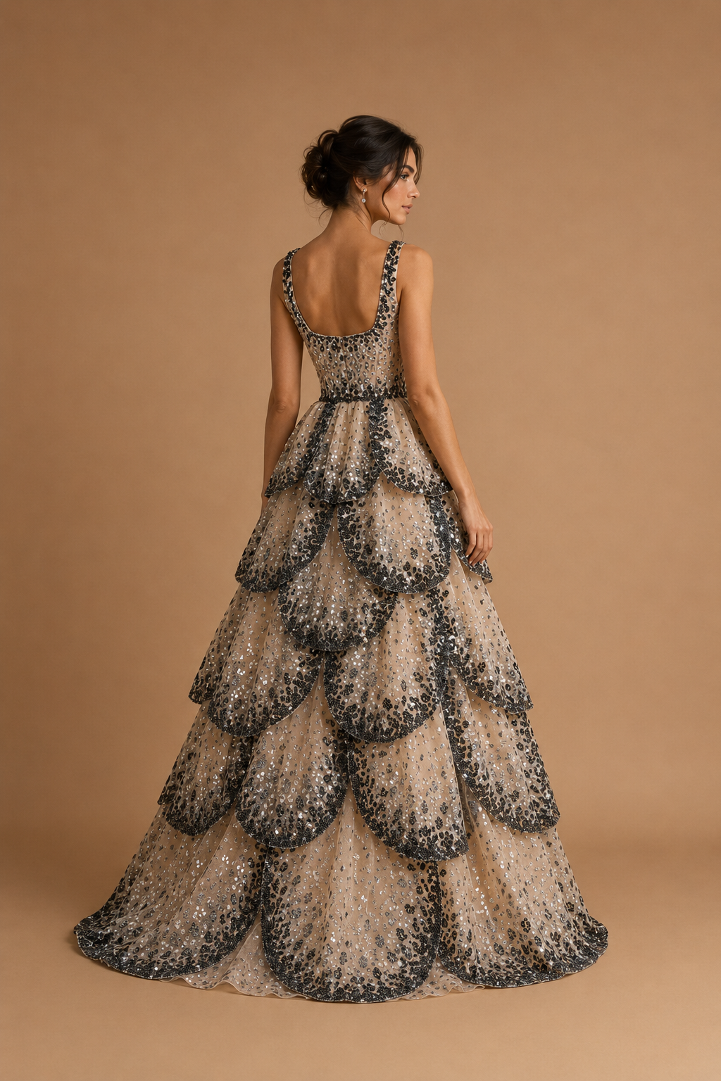 OPHELIA | Champagne & Black Sequin Tiered Ball Gown