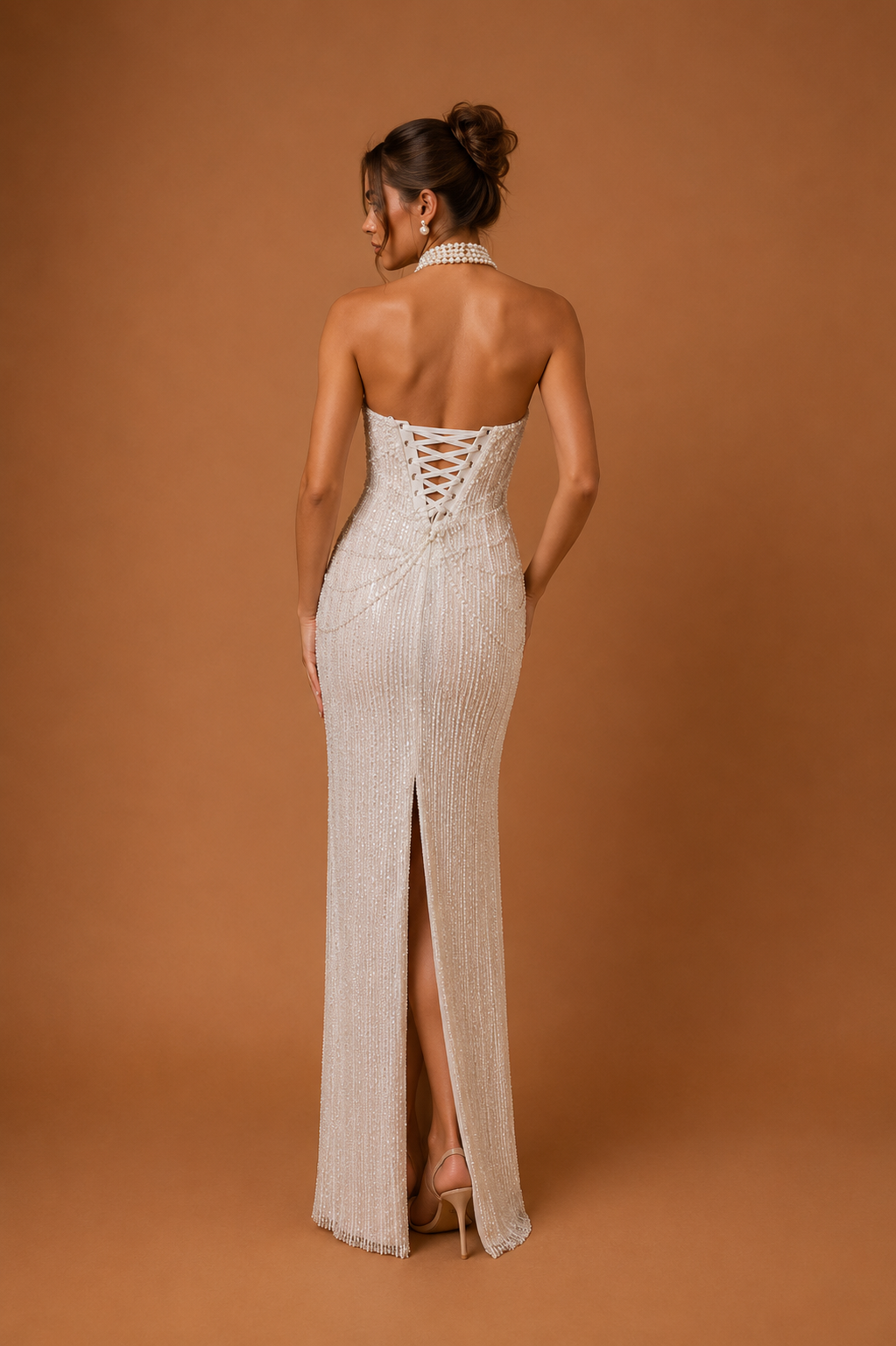 SOLENNE | Strapless Pearl Beaded Column Wedding Gown with Corset Back and Draped Embellishments