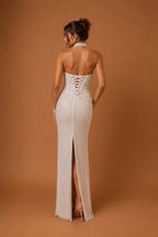 SOLENNE | Strapless Pearl Beaded Column Wedding Gown with Corset Back and Draped Embellishments