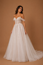 ADELYRA | Off-Shoulder Lace Corset A-Line Wedding Gown with Sweetheart Neckline and Chapel Train