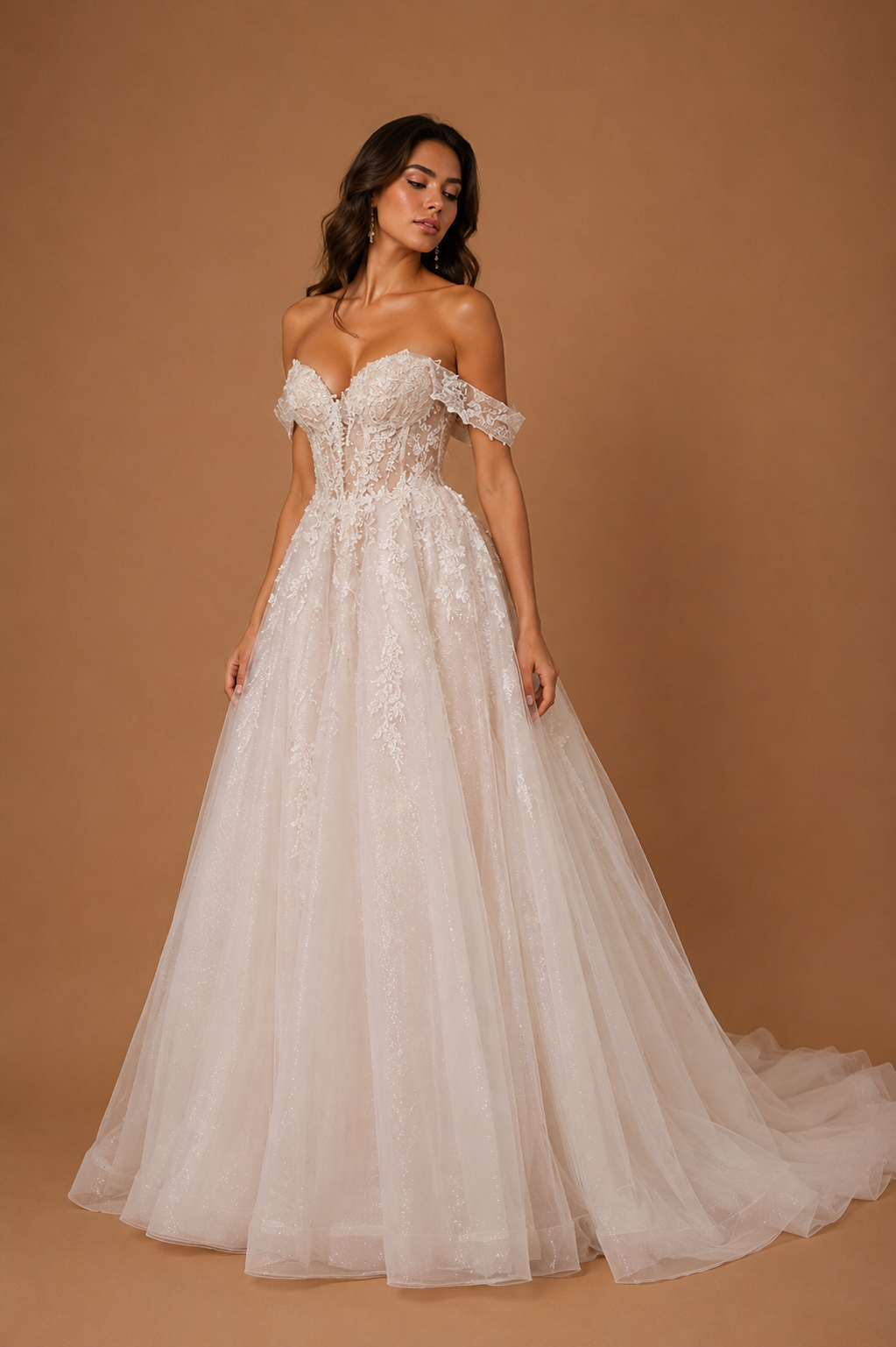 ADELYRA | Off-Shoulder Lace Corset A-Line Wedding Gown with Sweetheart Neckline and Chapel Train