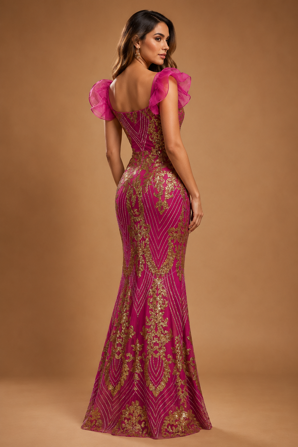 SERAPHINE | Fuchsia & Gold Sequin Ruffle-Sleeve Mermaid Gown