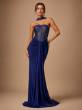 VIONELLE | Navy Sequin Corset Draped Mermaid Evening Gown