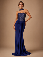 VIONELLE | Navy Sequin Corset Draped Mermaid Evening Gown