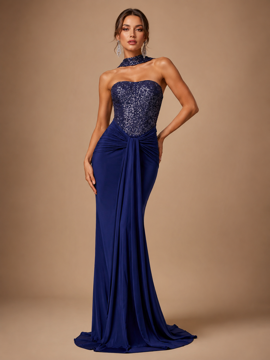 VIONELLE | Navy Sequin Corset Draped Mermaid Evening Gown
