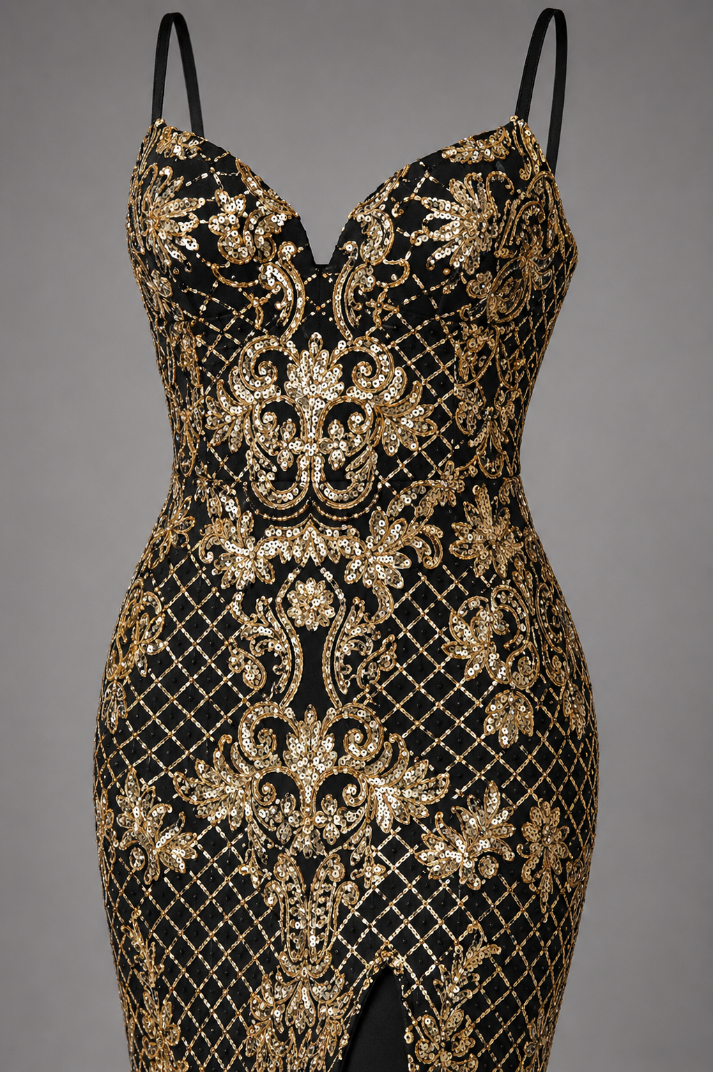 VIOLETTE | Black & Gold Sequin Baroque Mermaid Evening Gown