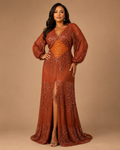 MARZELLA | Plus-Size Rust Sequin Long-Sleeve High-Slit Evening Gown