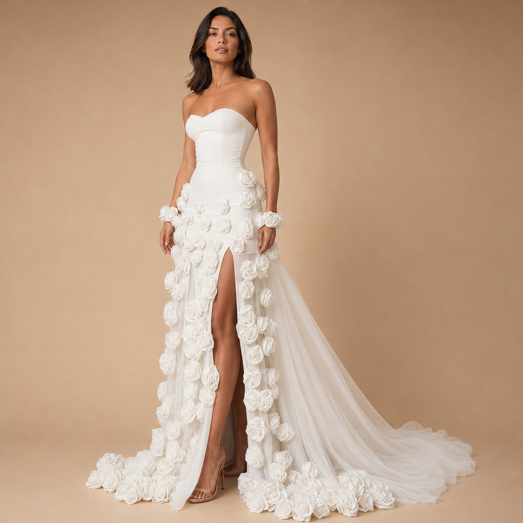 ROSALIE | Pink 3D Rose Strapless High Slit Tulle Evening Gown