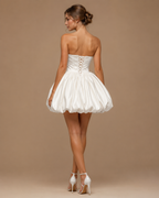 MELISANDE | Pearl-Draped Strapless Corset Bubble Skirt Couture Mini Dress