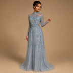 ISOLDE | Crystal Beaded High Neck Long Sleeve A-Line Evening Gown