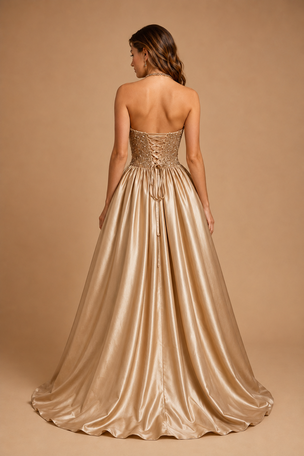 AMARA | Champagne Gold Beaded Halter Satin Ball Gown