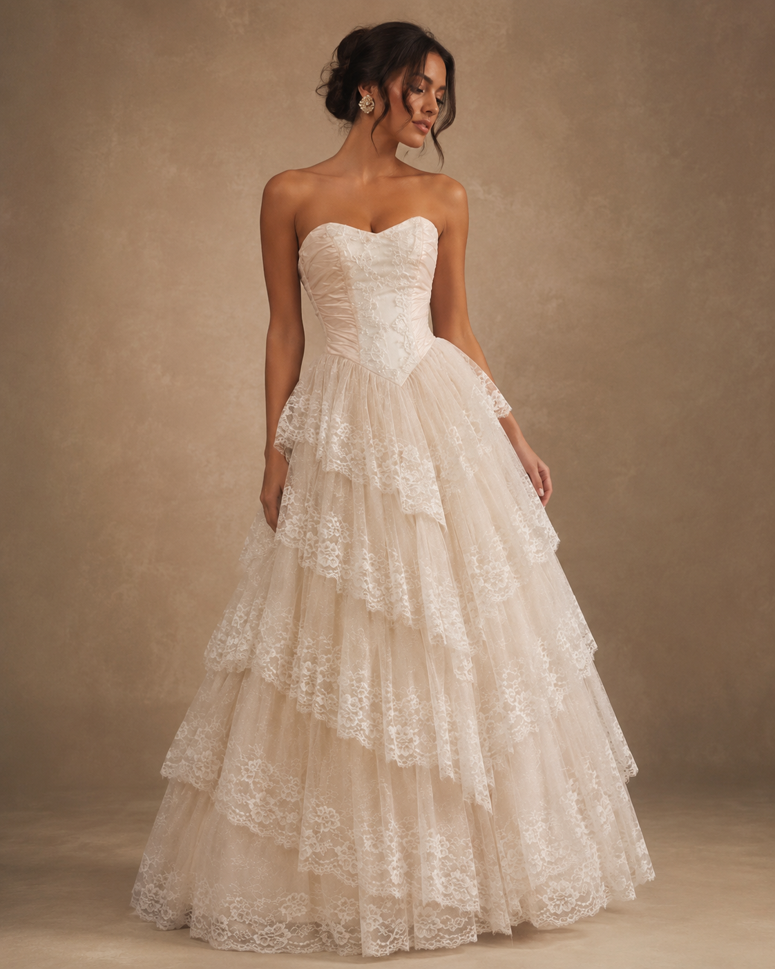 ELOVIA | Strapless Tiered Lace Corset Bridal Ball Gown