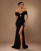 SORAYA | Black Sequin Off-Shoulder High-Slit Evening Gown