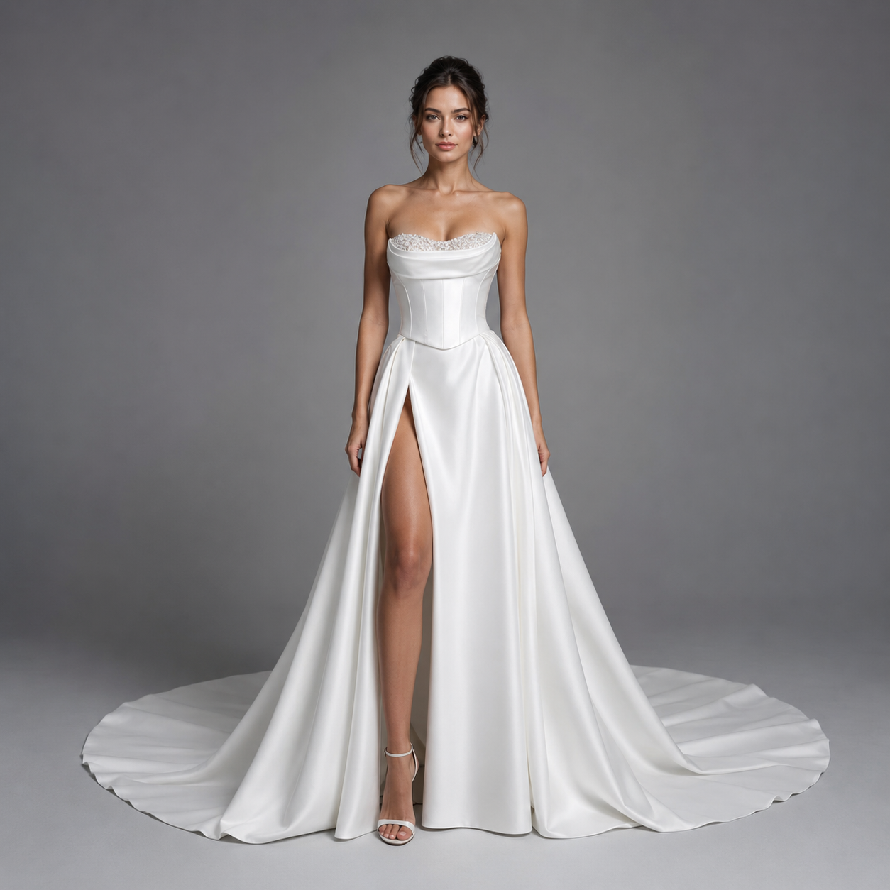 CELESTIA | Strapless Pearl-Detailed Satin Ball Gown Wedding Dress
