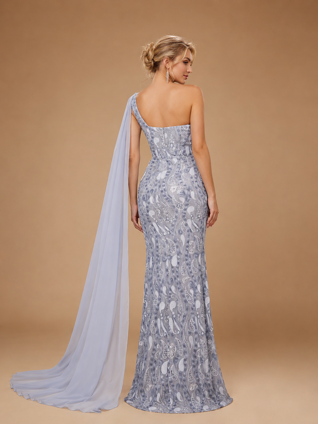 ELARA | Silver Blue Paisley Sequin One-Shoulder Cape Evening Gown