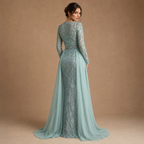 ELARA | Crystal Beaded Long Sleeve Tulle Overskirt Evening Gown