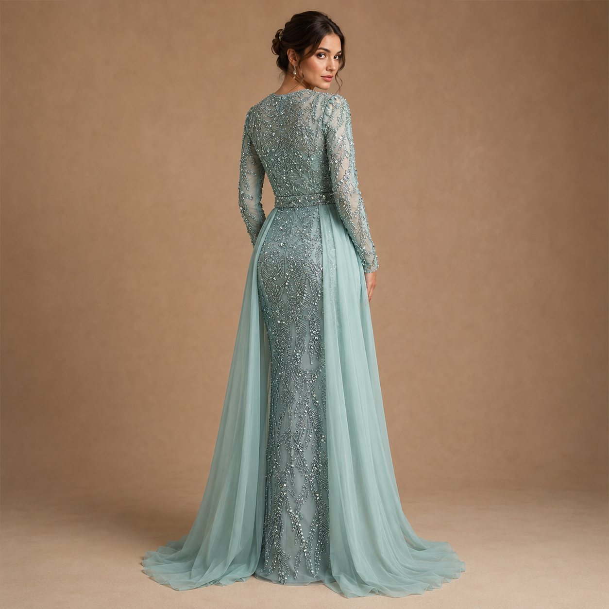 ELARA | Crystal Beaded Long Sleeve Tulle Overskirt Evening Gown