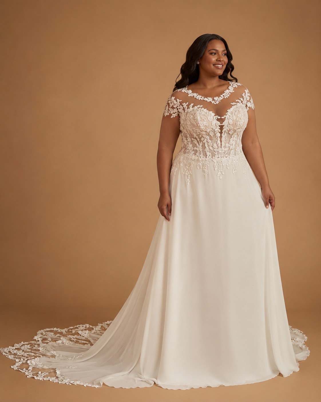 ARDELLA | Plus Size Illusion Lace A-Line Wedding Gown with Cap Sleeves and Cathedral Train