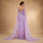 AMARIS | Lilac Beaded Feather Trim Cape Evening Gown
