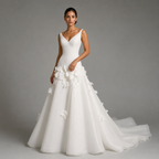SOLENNE | 3D Floral Appliqué Drop-Waist V-Neck Ball Gown Wedding Dress