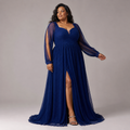 NADIRA | Plus-Size Navy Blue Sheer Sleeve A-Line Evening Gown