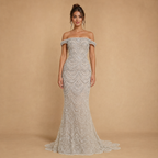 SERELLA | Silver Hand Beaded Off-Shoulder Mermaid Gown