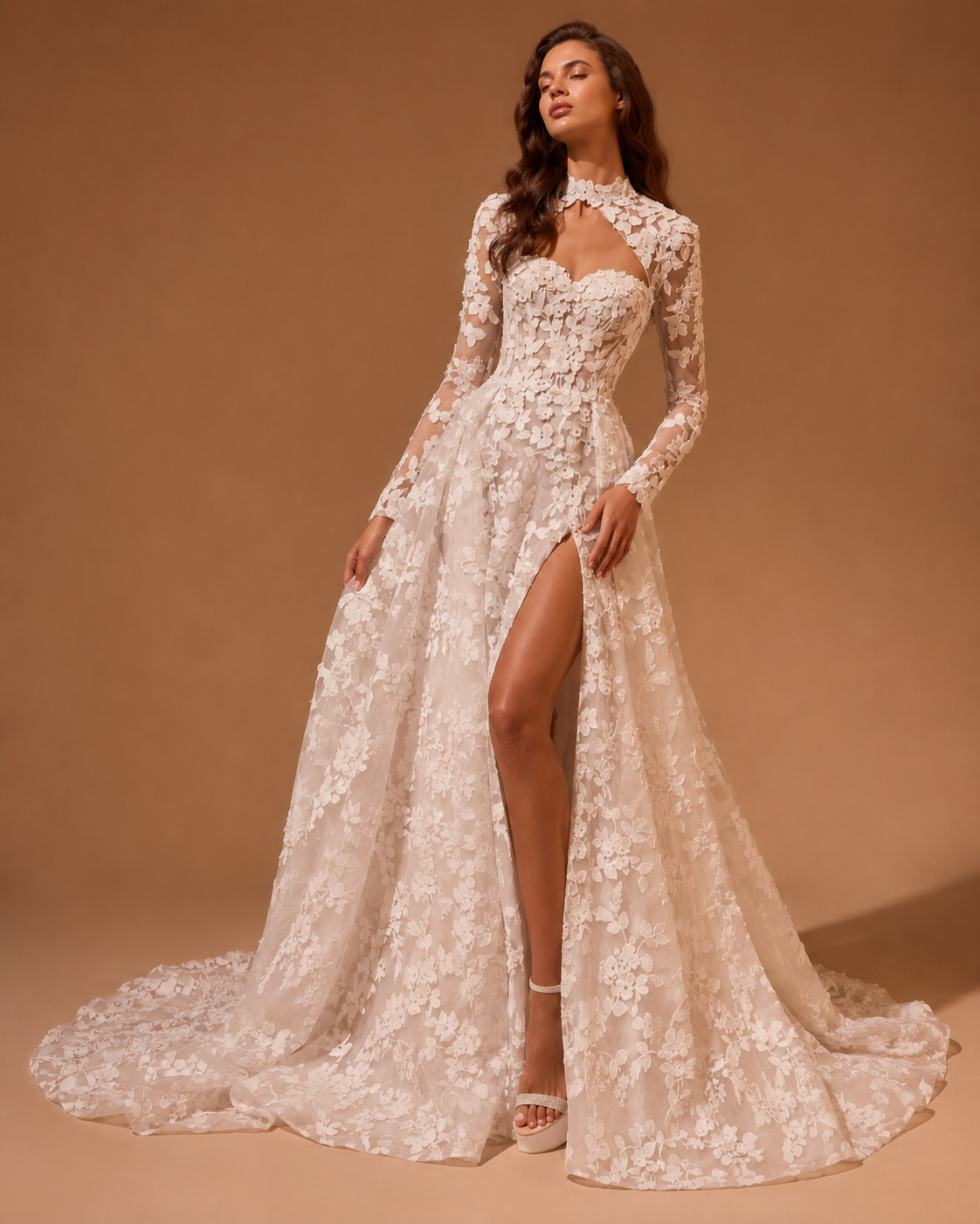 EVELINA | Vintage Lace Long Sleeve Open Back A-Line Wedding Dress Bridal Gown