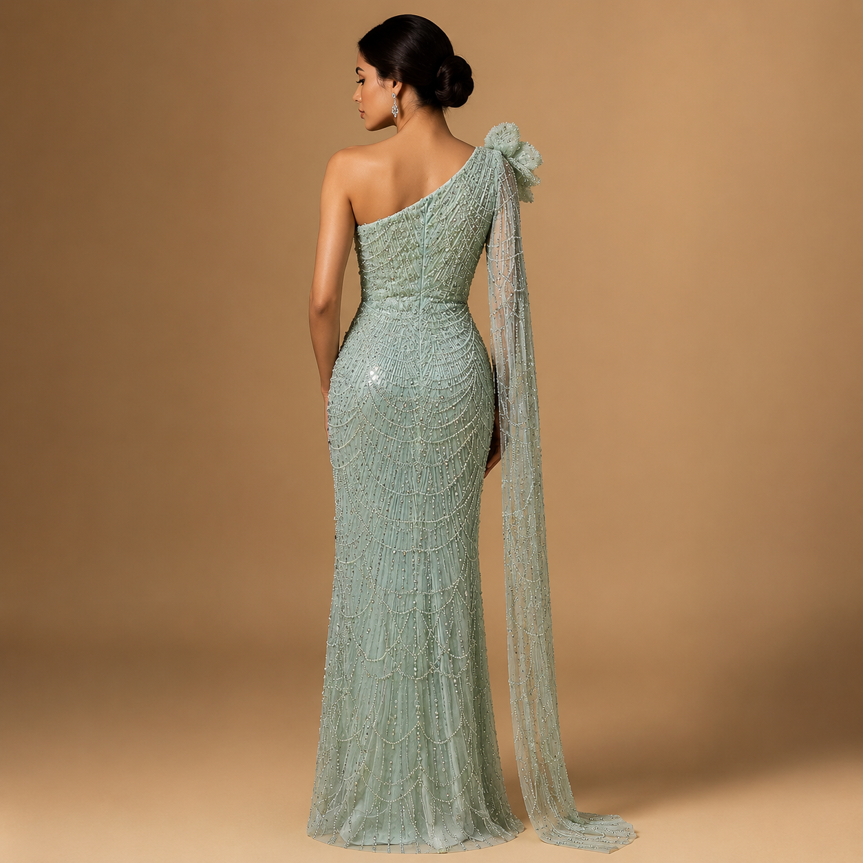 SEREYA | Pearl Beaded One-Shoulder Couture Evening Gown