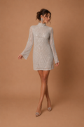 CELESTINE | High-Neck Long Sleeve Sequin Mini Wedding Reception Dress with Draped Asymmetrical Skirt