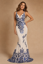 CELESTINE | Ivory & Sapphire Sequin Plunge Mermaid Evening Gown