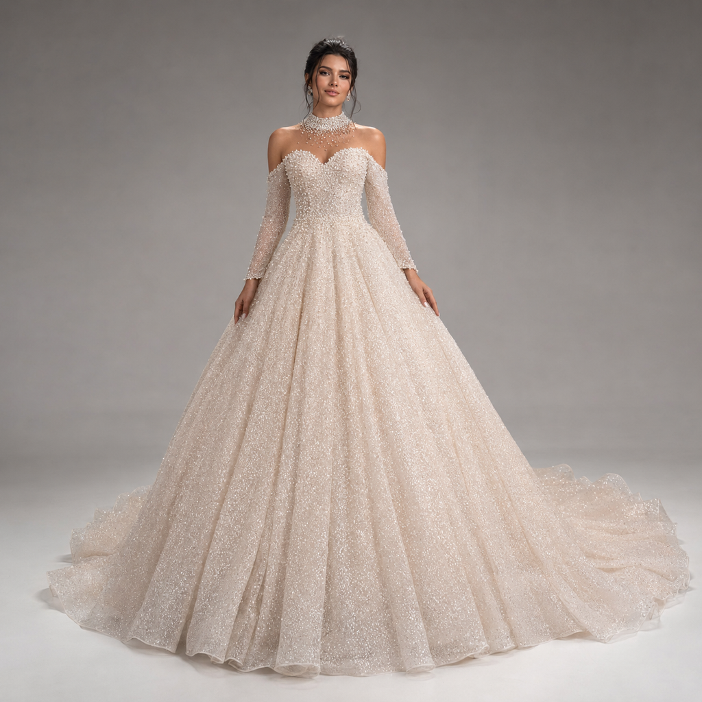 ARABELLE | Champagne Beaded Off-Shoulder Ball Gown Wedding Dress